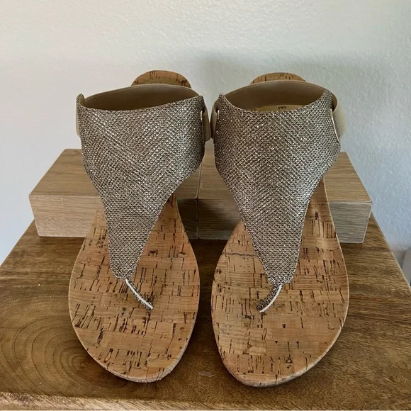 NINE WEST light gold cork wedge sandals stretchy back strap with box - Picture 4 of 6